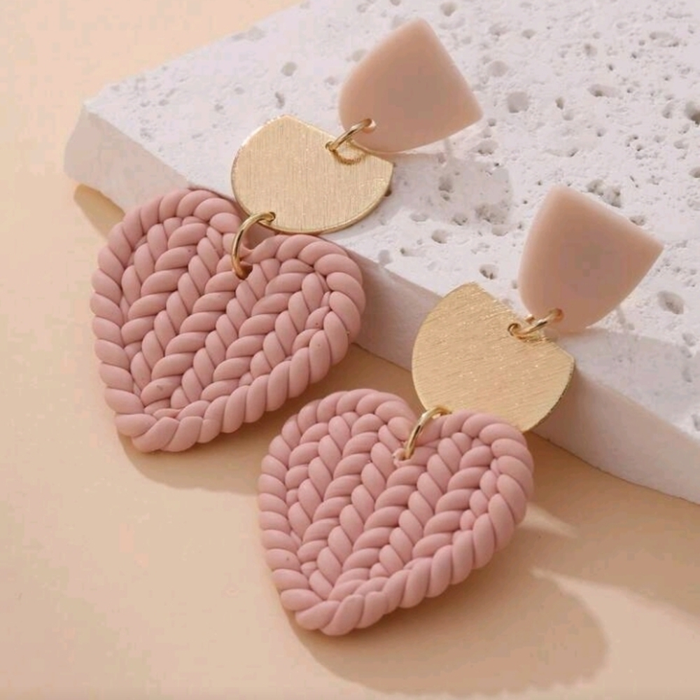 Boho Polymer Clay Woven Braided Heart Earrings in Soft Pink and Gold NEW